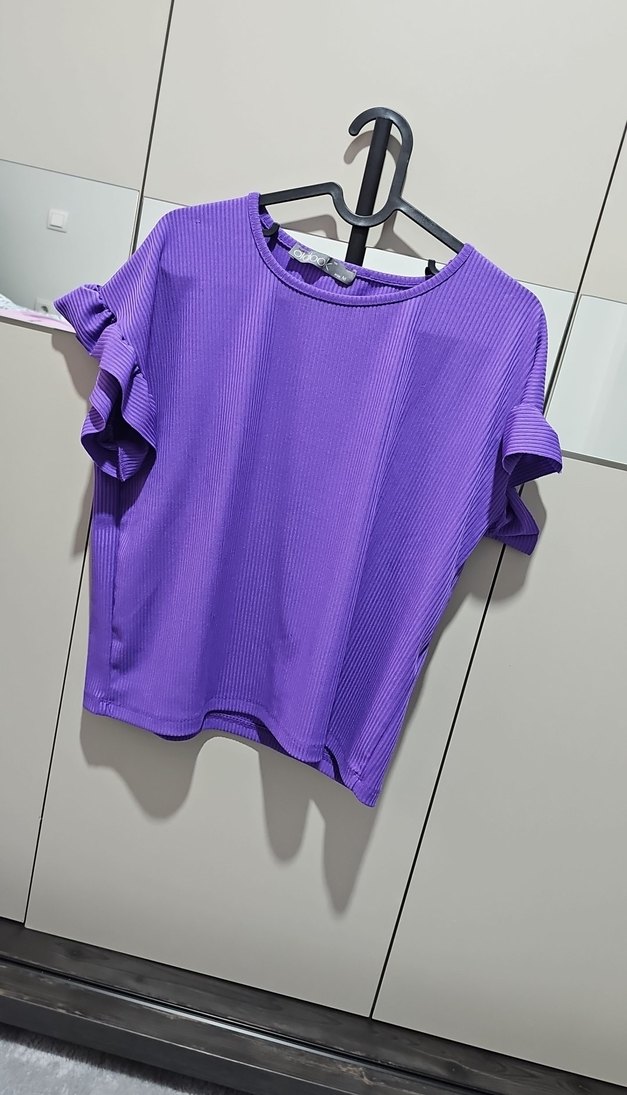 Mor Pliseli Kısa Kollu Mini Kadın Tişört - Görsel 2