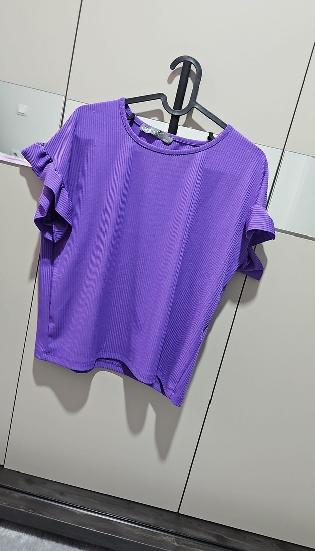 Mor Pliseli Kısa Kollu Mini Kadın Tişört - Görsel 3