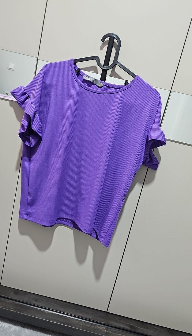 Mor Pliseli Kısa Kollu Mini Kadın Tişört - Görsel 4