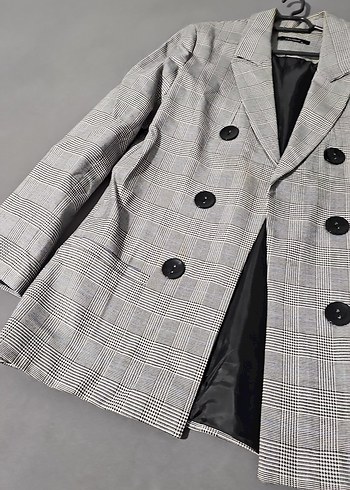 36 Beden gri Renk Gri Ekose Düğmeli Kadın Blazer Ceket