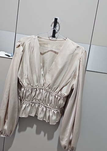 Bej Drapeli V Yaka Keten Mini Bluz - Görsel 2