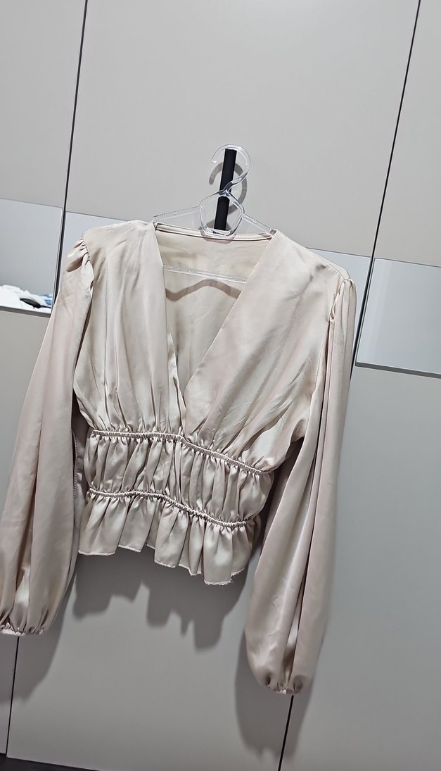 Bej Drapeli V Yaka Keten Mini Bluz - Görsel 2