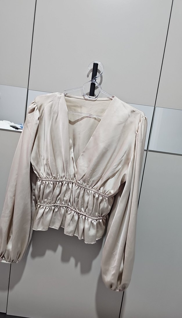 Bej Drapeli V Yaka Keten Mini Bluz - Görsel 3