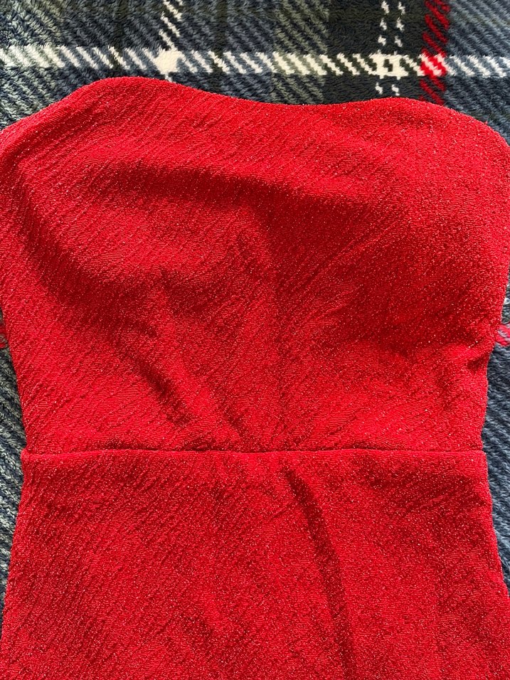 Kırmızı Straplez Triko abiye Elbise - Görsel 2