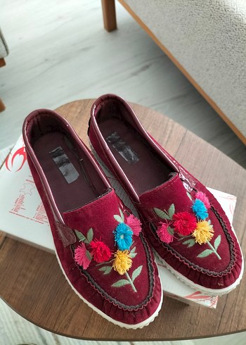 37 Beden bordo Renk Püsküllü Bordo Süet Bohem Kadın Ayakkabı