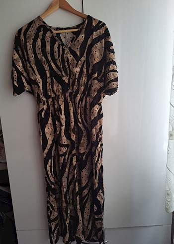 Kahverengi Zebra Desenli Uzun Bohem Elbise