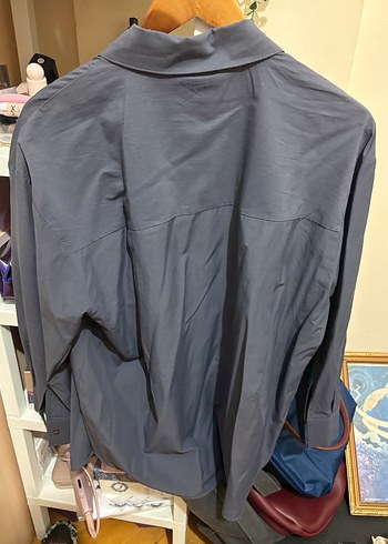 Düğmeli Gri Uzun Kollu Keten Kadın Gömlek - Görsel 2