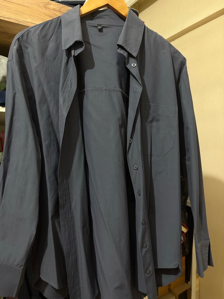 Düğmeli Gri Uzun Kollu Keten Kadın Gömlek - Görsel 3