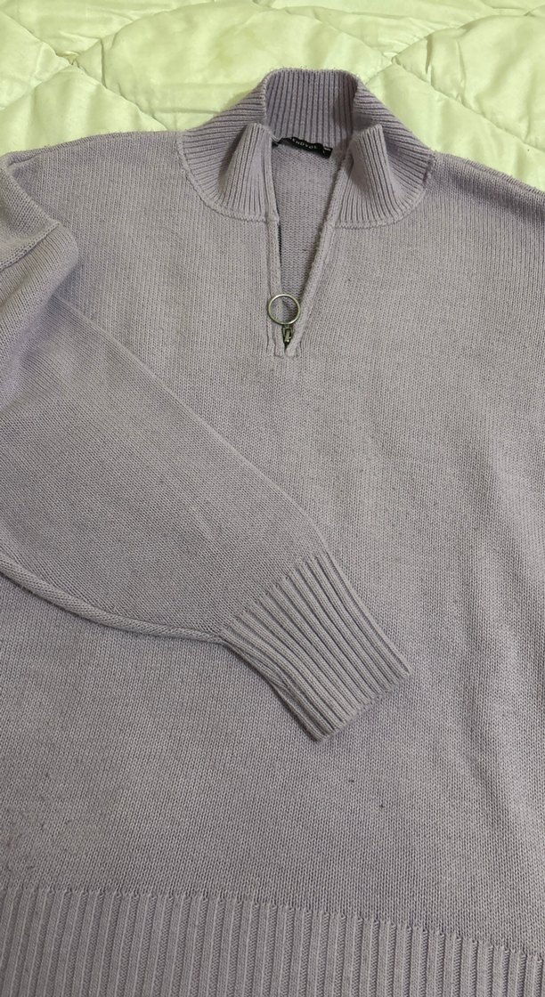 Mor Yarım Fermuarlı Kadın Triko Kazak - Görsel 3