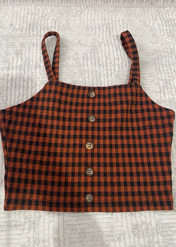 Düğmeli Kareli Kiremit Rengi Askılı Bluz ve Etek Takım - Görsel 3