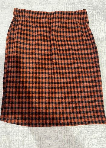 Düğmeli Kareli Kiremit Rengi Askılı Bluz ve Etek Takım - Görsel 2