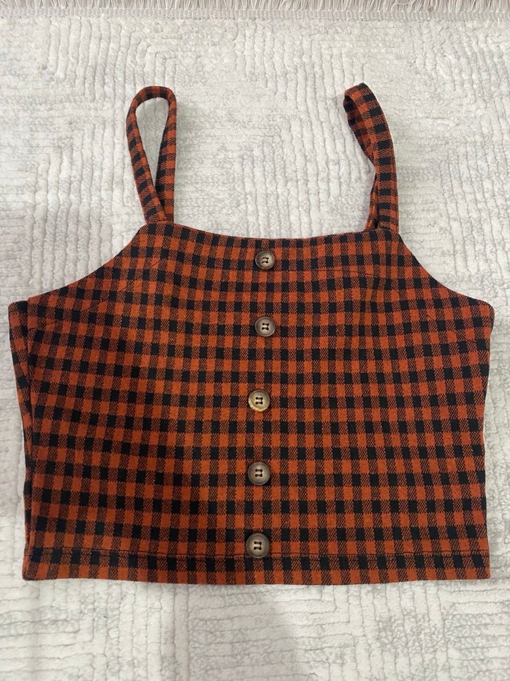 Düğmeli Kareli Kiremit Rengi Askılı Bluz ve Etek Takım - Görsel 3