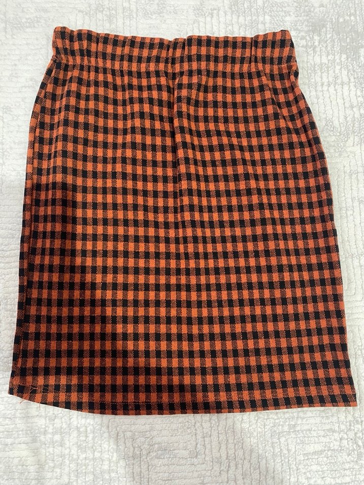 Düğmeli Kareli Kiremit Rengi Askılı Bluz ve Etek Takım - Görsel 2