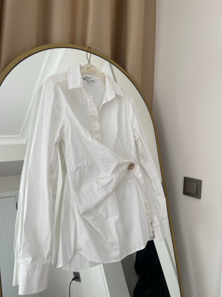 Düğmeli Beyaz Keten Kadın Gömlek - Görsel 4