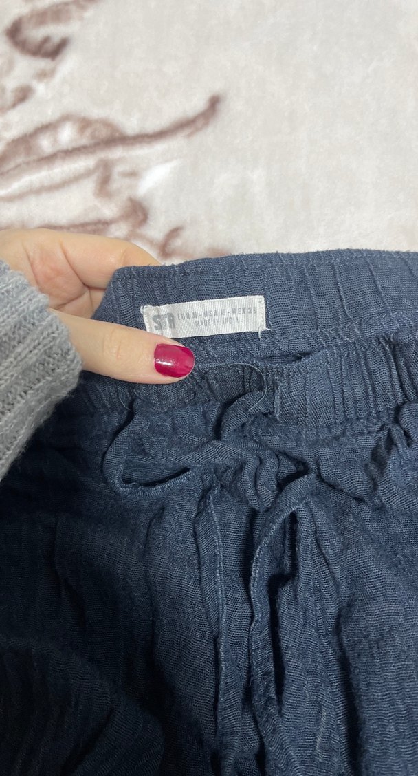 Kadın Mavi Keten Pilili Midi Pantolon - Görsel 2