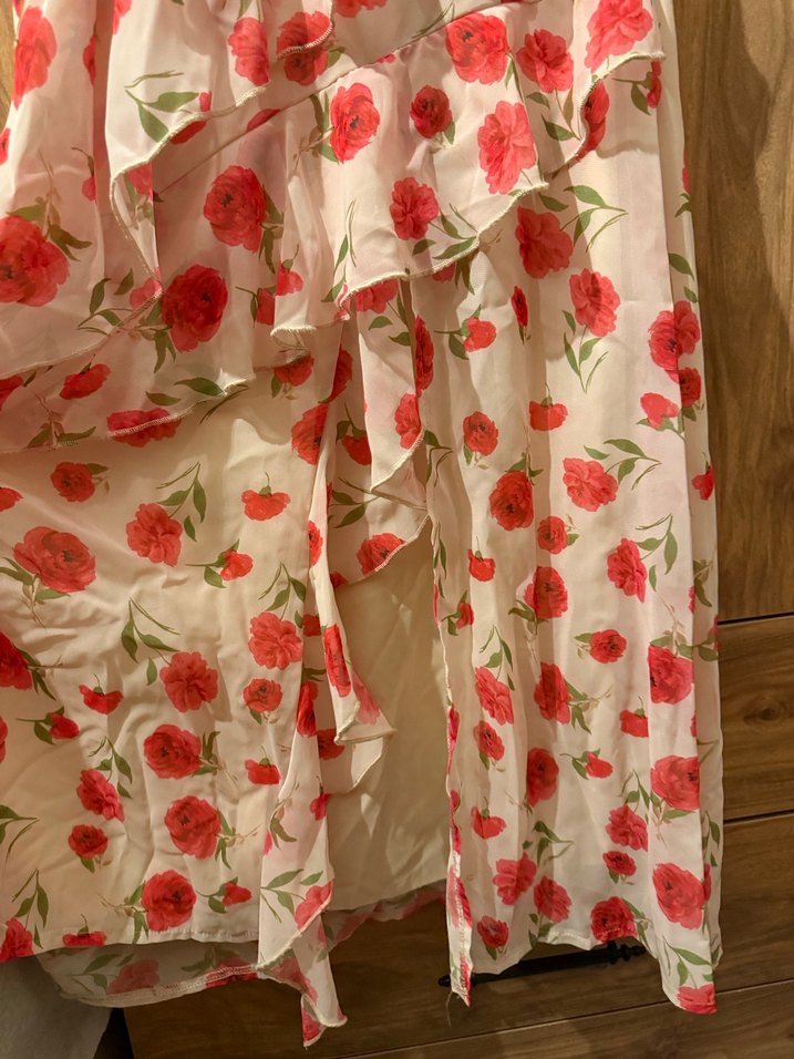 Pembe Çiçekli Uzun Fırfırlı Bohem Elbise - Görsel 2