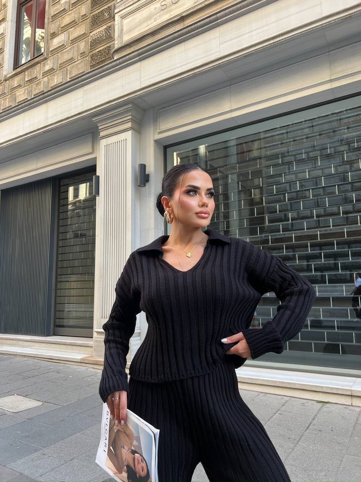 Siyah Pilili V Yaka Uzun Kollu Kadın Takım - Görsel 4