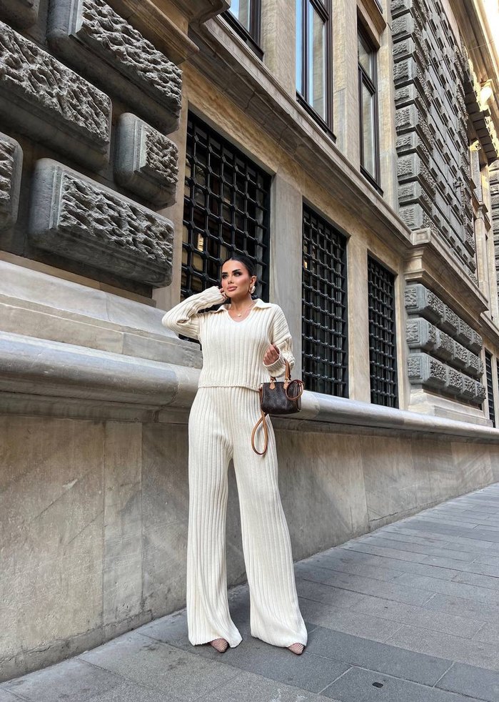 Kadın Beyaz V Yaka Uzun Triko Takım - Görsel 3