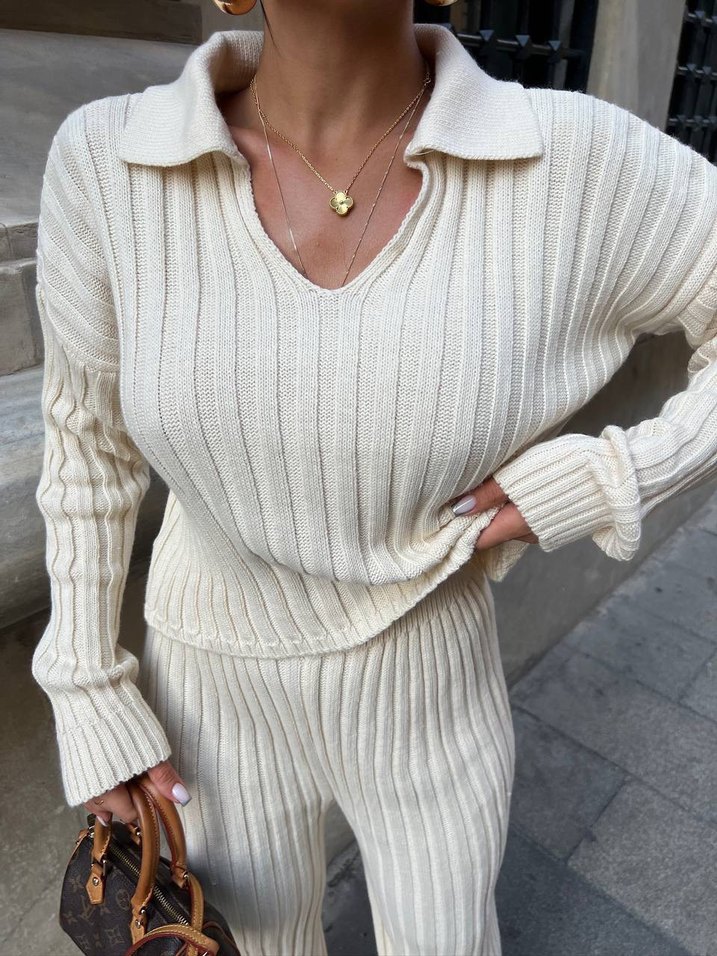 Kadın Beyaz V Yaka Uzun Triko Takım - Görsel 2