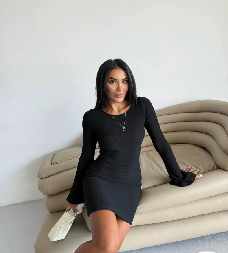 Uzun Kollu Siyah Mini Elbise - Görsel 2