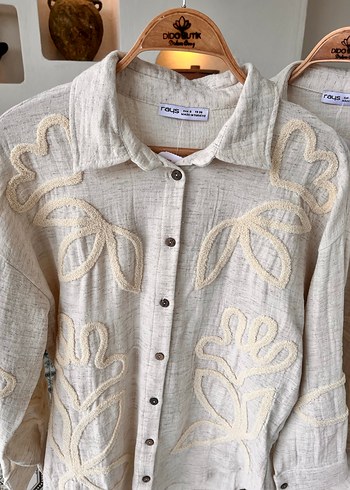 Nakışlı Keten Bej Bohem Kadın Gömlek - Görsel 2