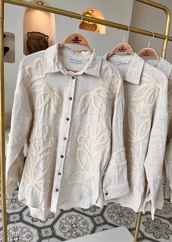 Nakışlı Keten Bej Bohem Kadın Gömlek - Görsel 4