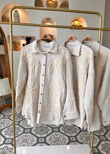 Nakışlı Keten Bej Bohem Kadın Gömlek - Görsel 6