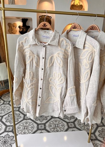 Nakışlı Keten Bej Bohem Kadın Gömlek - Görsel 5