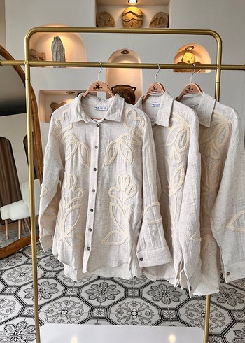 Nakışlı Keten Bej Bohem Kadın Gömlek - Görsel 3