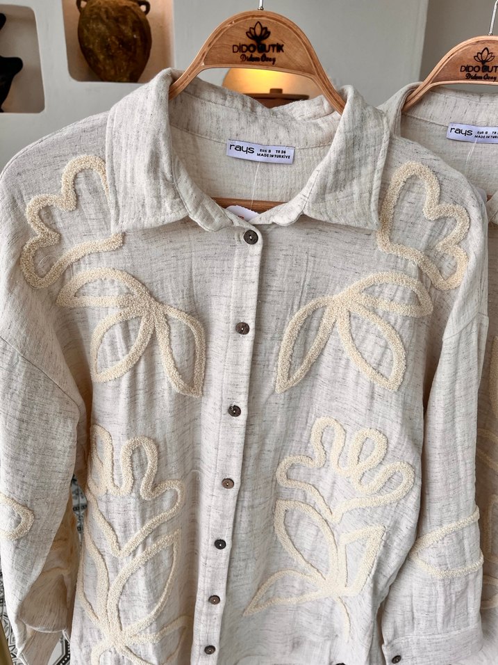 Nakışlı Keten Bej Bohem Kadın Gömlek - Görsel 2