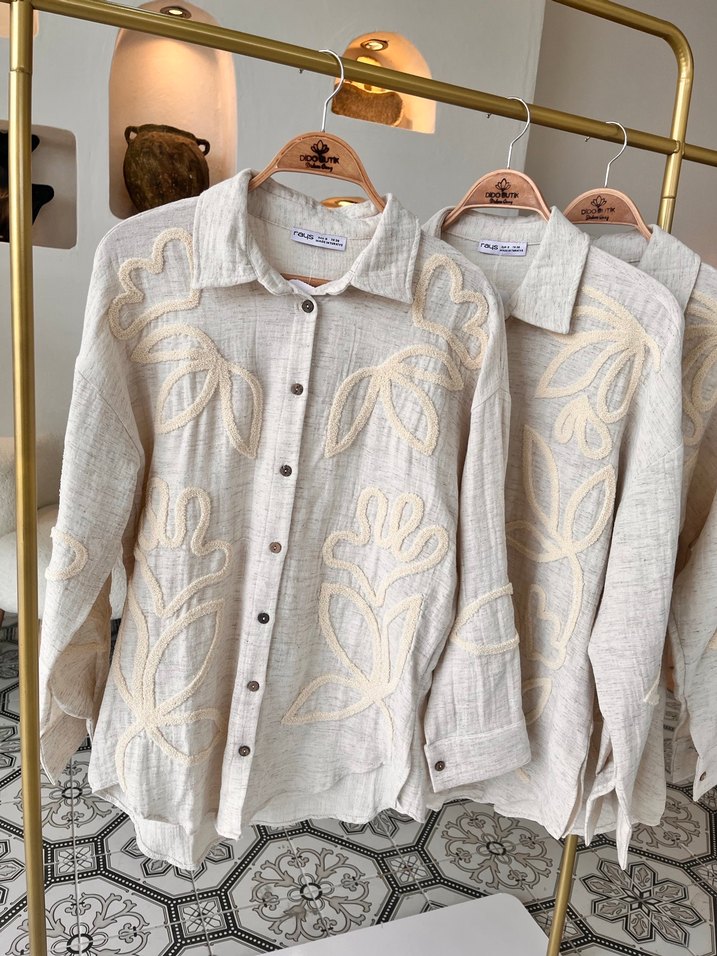 Nakışlı Keten Bej Bohem Kadın Gömlek - Görsel 4