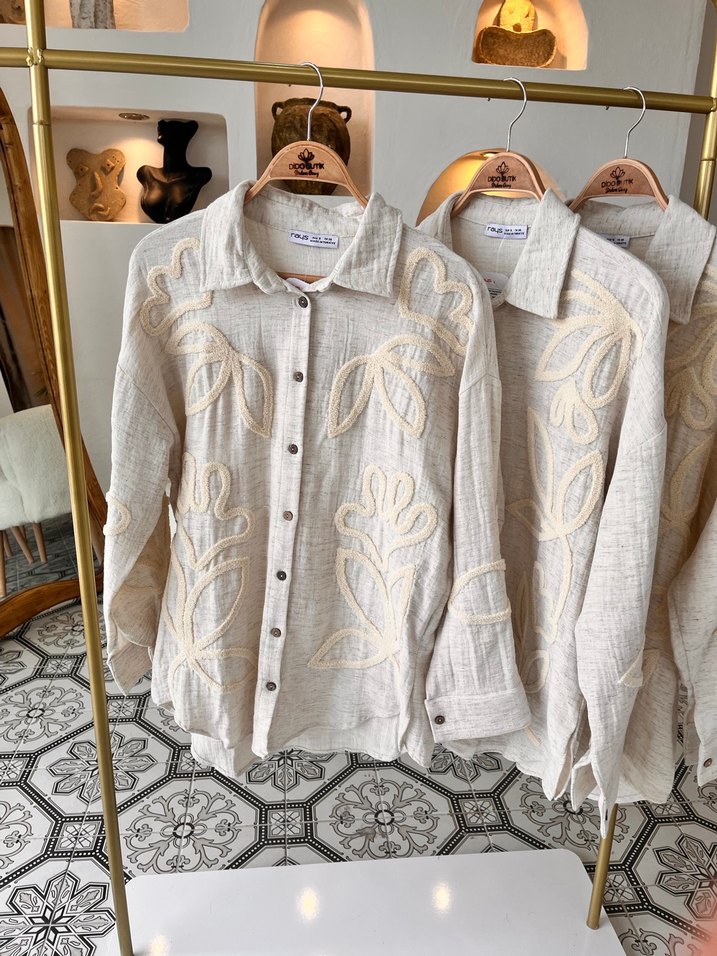 Nakışlı Keten Bej Bohem Kadın Gömlek - Görsel 5