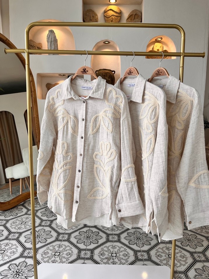 Nakışlı Keten Bej Bohem Kadın Gömlek - Görsel 3