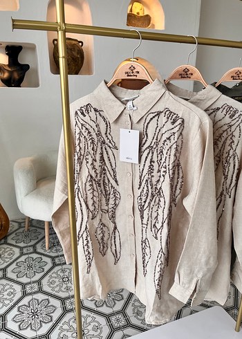 Nakışlı Bej Keten Kadın Gömlek - Görsel 2