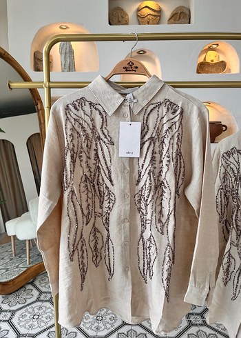 Nakışlı Bej Keten Kadın Gömlek - Görsel 4