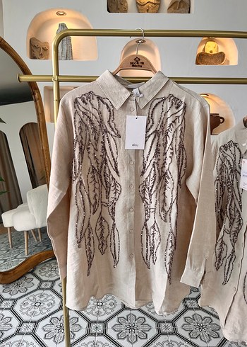 Nakışlı Bej Keten Kadın Gömlek - Görsel 3