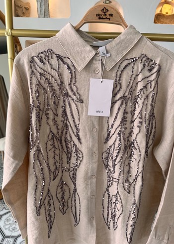 Nakışlı Bej Keten Kadın Gömlek - Görsel 5