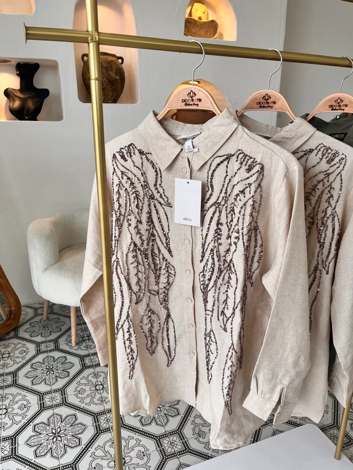 Nakışlı Bej Keten Kadın Gömlek - Görsel 2
