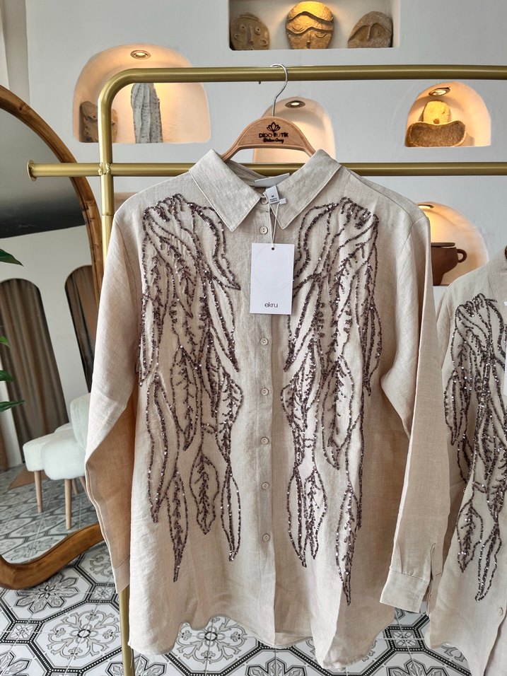 Nakışlı Bej Keten Kadın Gömlek - Görsel 4