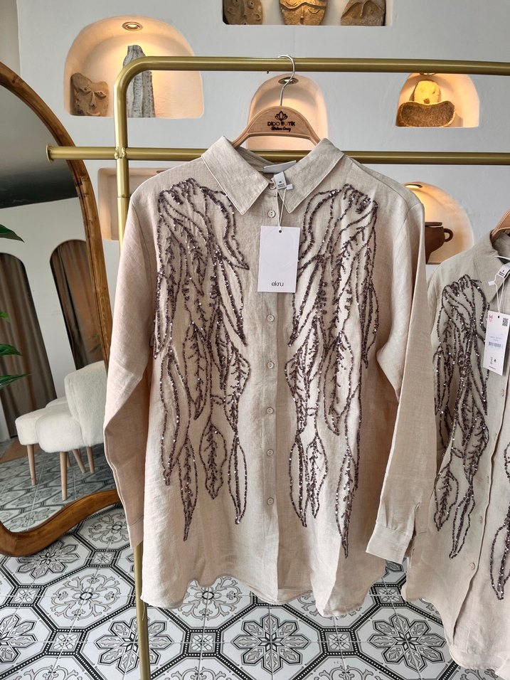 Nakışlı Bej Keten Kadın Gömlek - Görsel 3