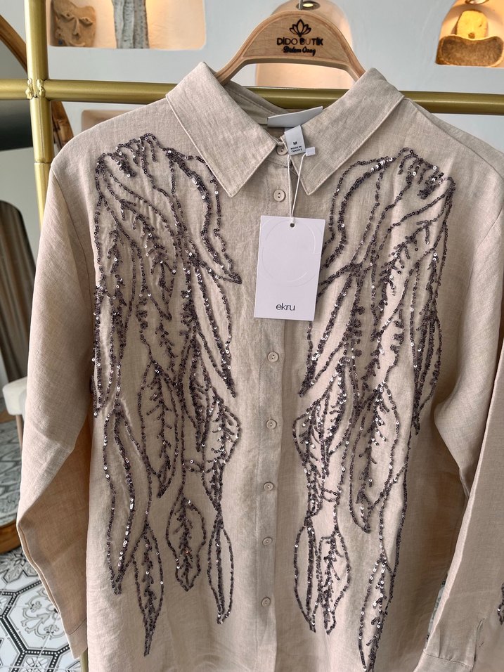Nakışlı Bej Keten Kadın Gömlek - Görsel 5