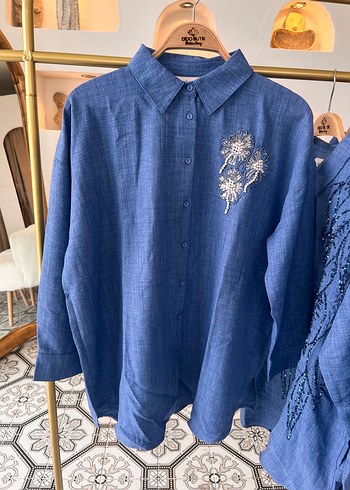 Nakışlı Mavi Denim Kadın Gömlek - Görsel 5