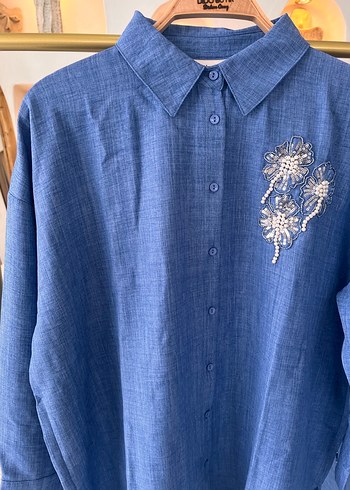 Nakışlı Mavi Denim Kadın Gömlek - Görsel 4