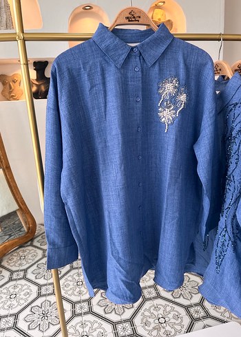 Nakışlı Mavi Denim Kadın Gömlek - Görsel 6