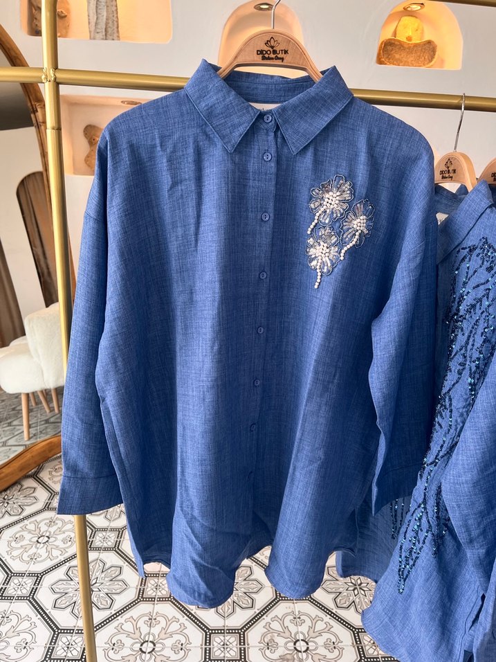 Nakışlı Mavi Denim Kadın Gömlek - Görsel 5