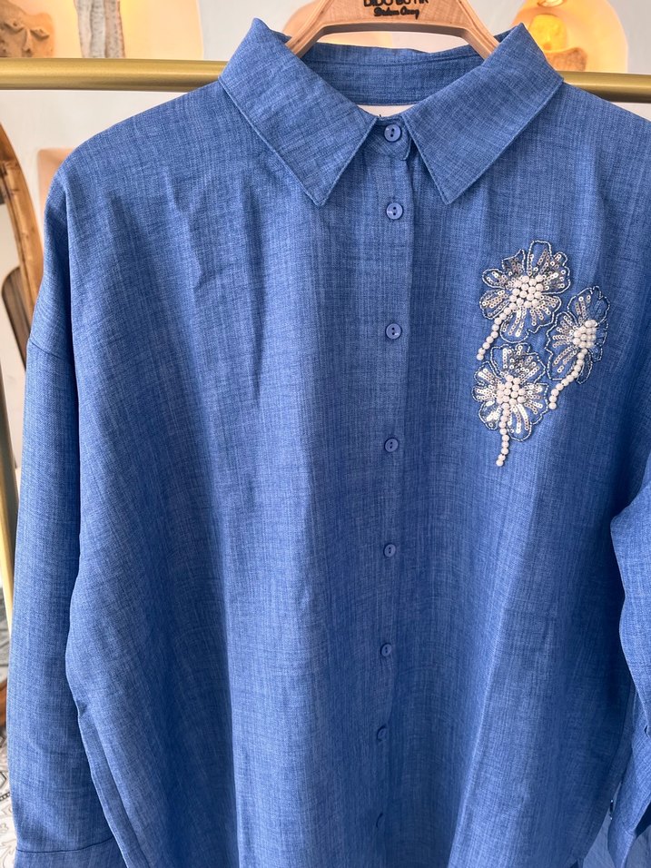 Nakışlı Mavi Denim Kadın Gömlek - Görsel 4