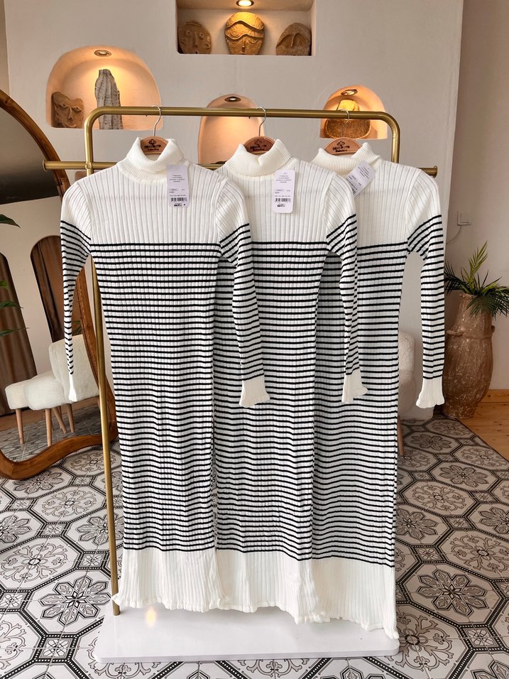 Çizgili Uzun Kollu Triko Elbise - Görsel 2