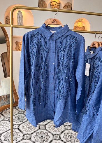 Nakışlı Mavi Denim Bohem Gömlek - Görsel 5