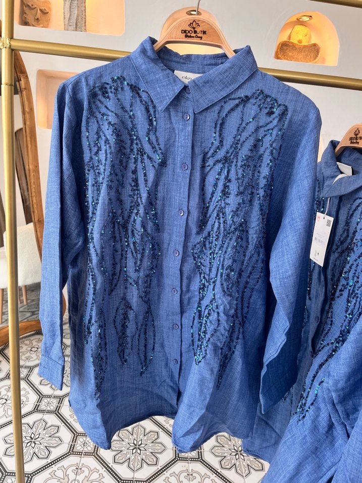 Nakışlı Mavi Denim Bohem Gömlek - Görsel 3