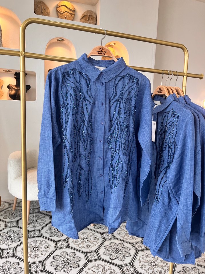 Nakışlı Mavi Denim Bohem Gömlek - Görsel 2